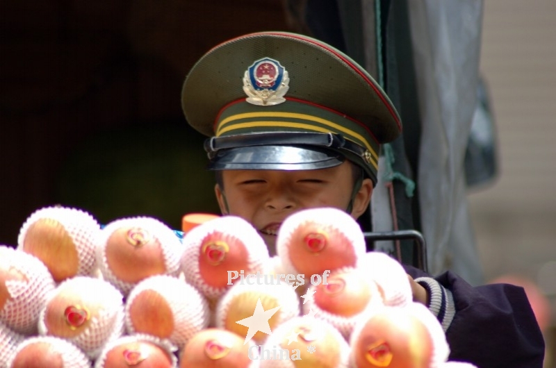Child soldier behind an apples heap